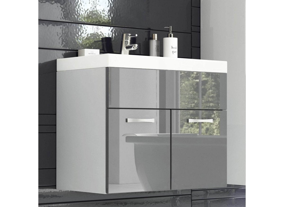 Ensemble meubles salle de bain design suspendu - Blanc et gris laqué HARMONY - DécoInParis
