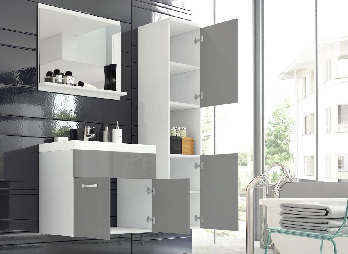 Ensemble meubles salle de bain design suspendu - Blanc et gris laqué HARMONY - DécoInParis