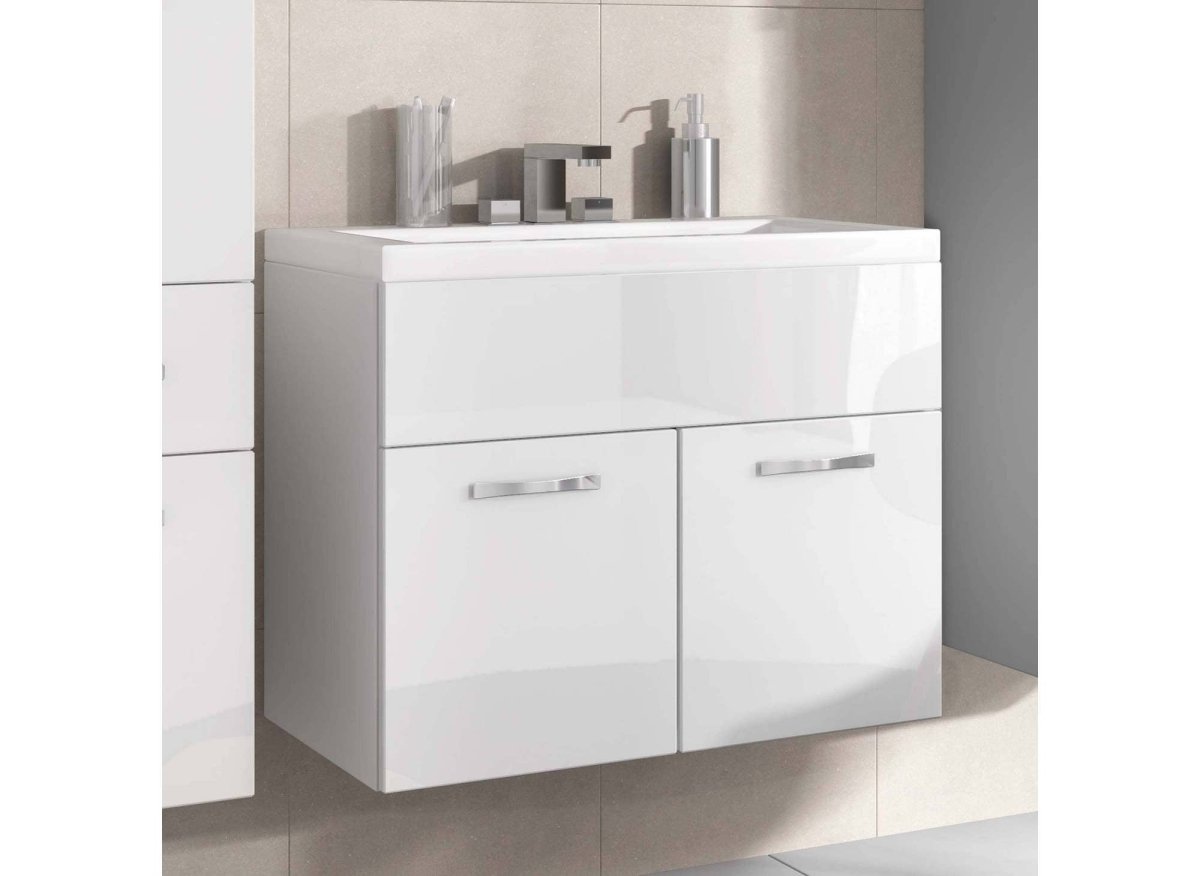 Ensemble meubles salle de bain design suspendu - Blanc laqué SHELBY - DécoInParis