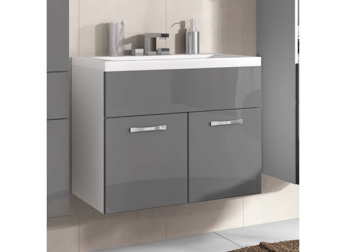Ensemble meubles salle de bain suspendu - Blanc et gris SHELBY - DécoInParis