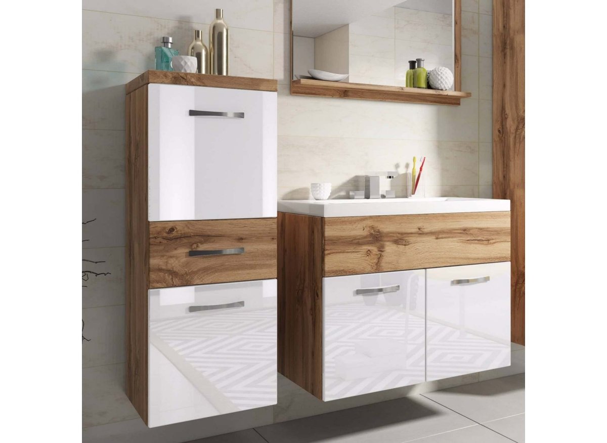 Ensemble meubles salle de bain suspendu - Bois effet vieilli et blanc SHELBY - DécoInParis