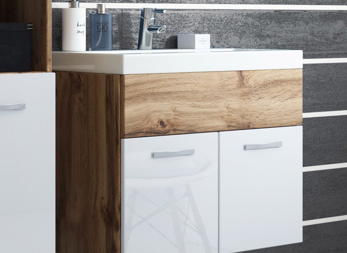 Ensemble meubles salle de bain suspendu - Bois et blanc HARMONY - DécoInParis