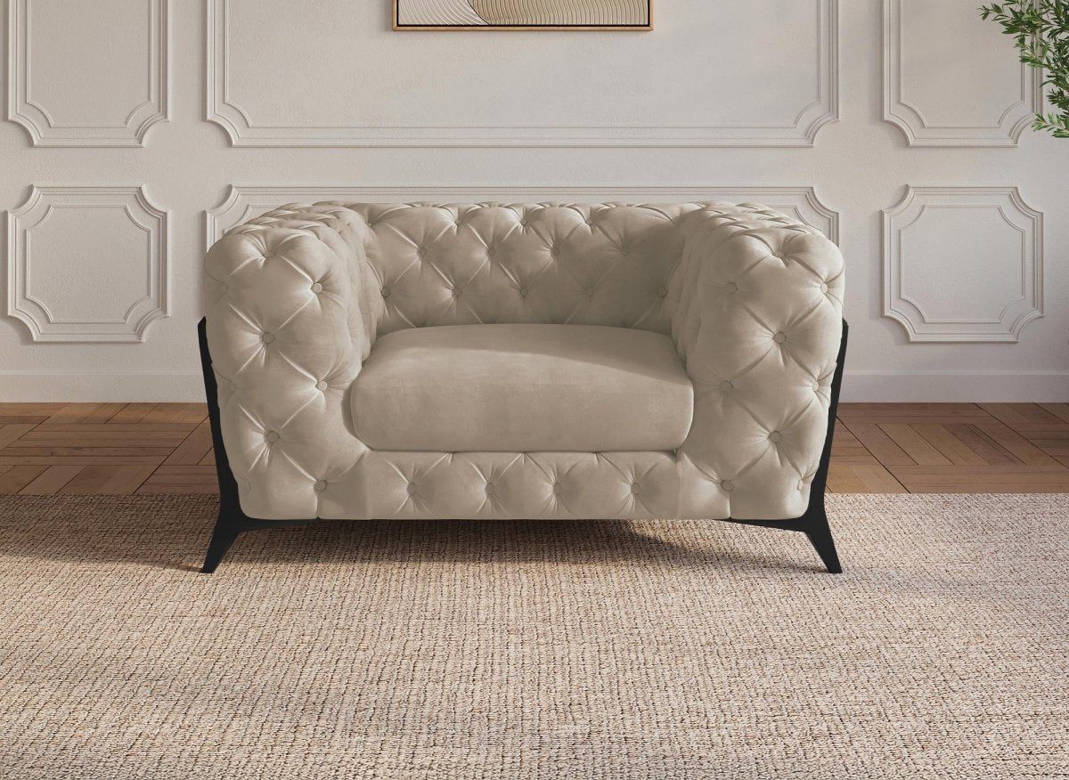 Fauteuil capitonné chesterfield velours beige CARMEN - DécoInParis