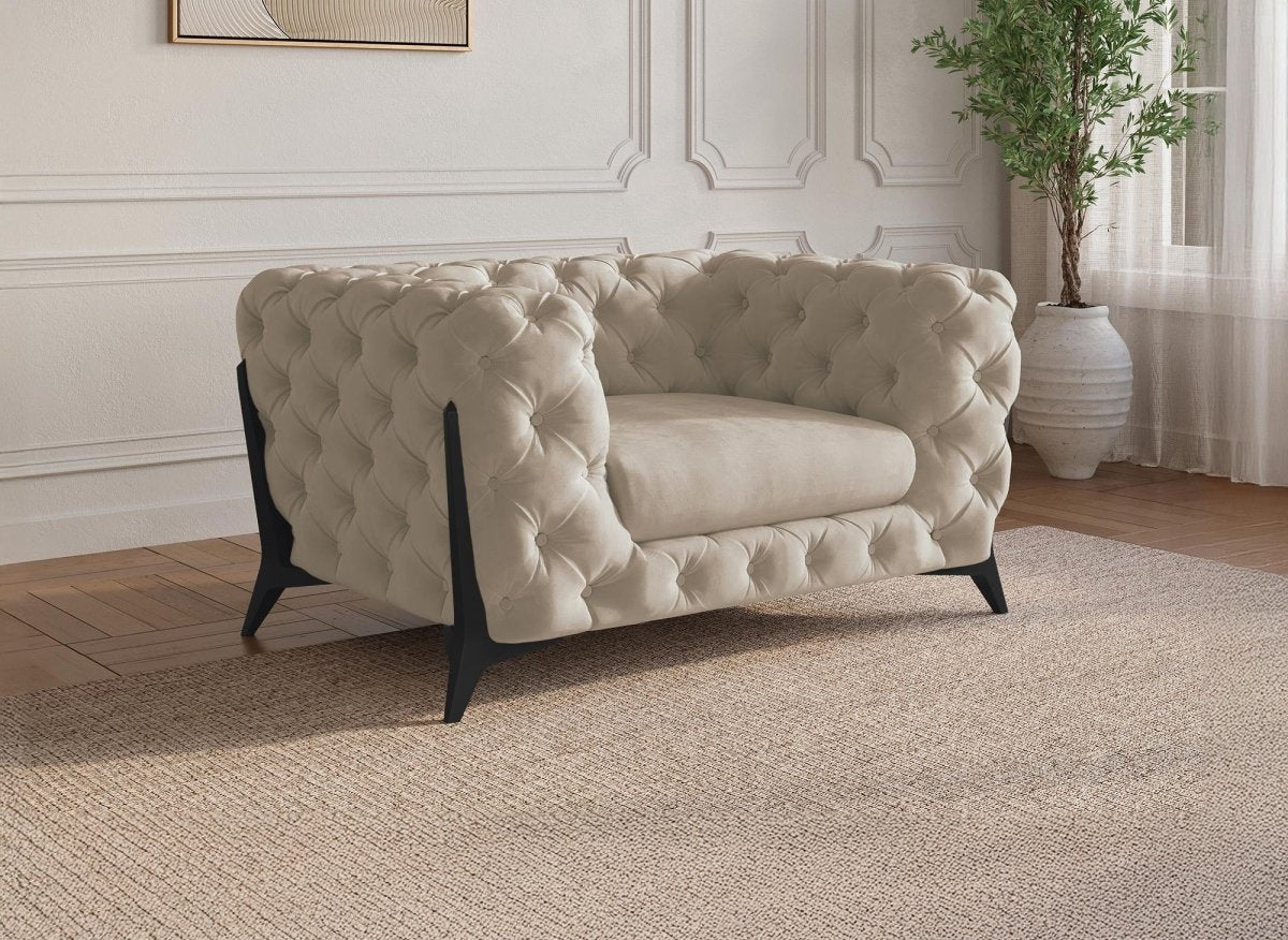 Fauteuil capitonné chesterfield velours beige CARMEN - DécoInParis