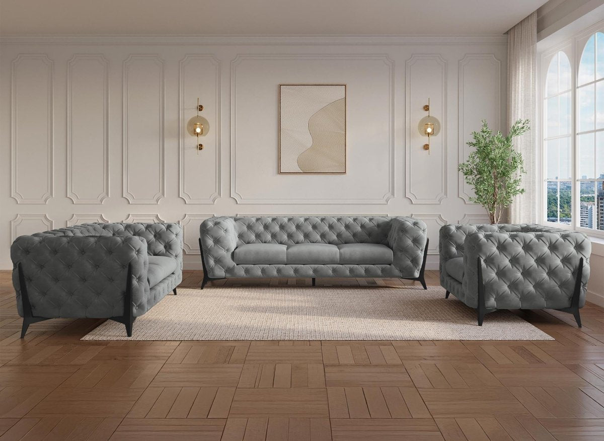 Fauteuil capitonné chesterfield velours gris CARMEN - DécoInParis