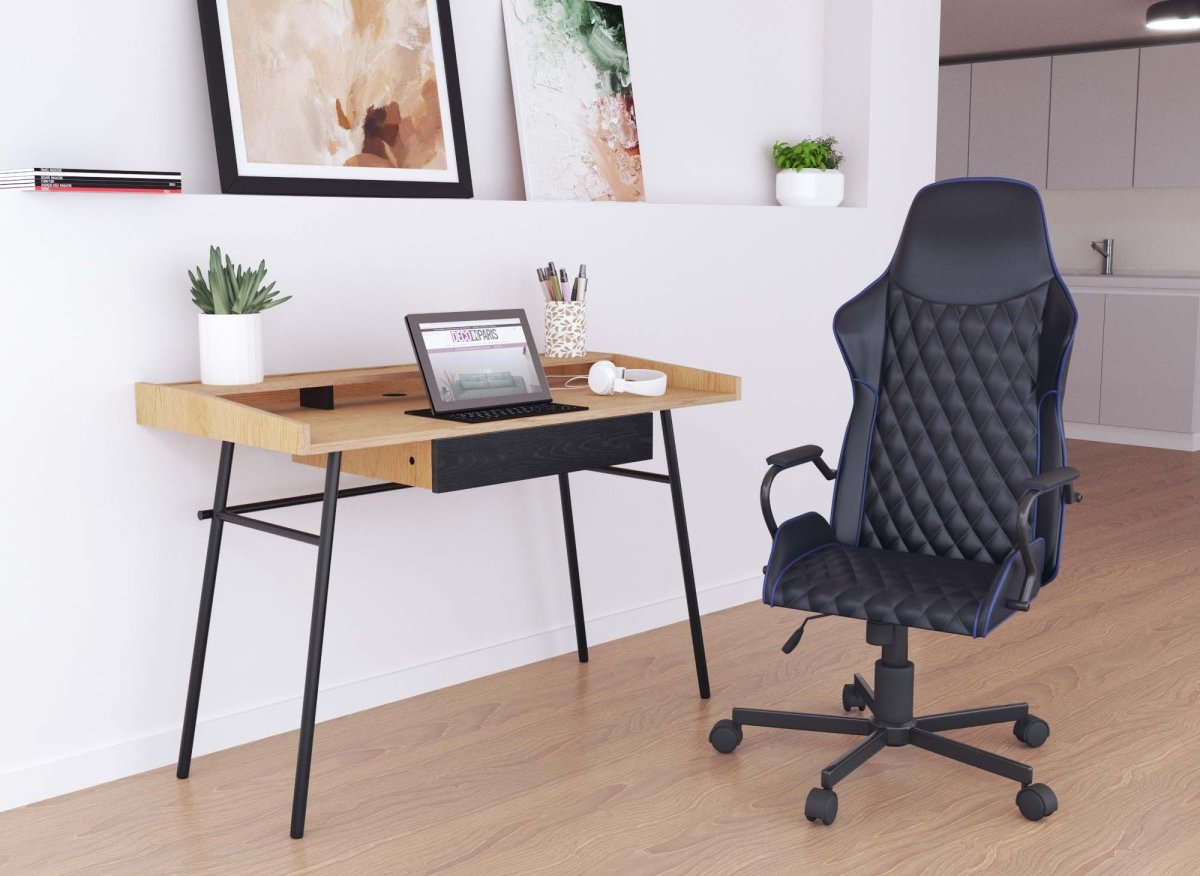 Fauteuil de bureau noir et bleu en simili cuir ATOMIC - DécoInParis