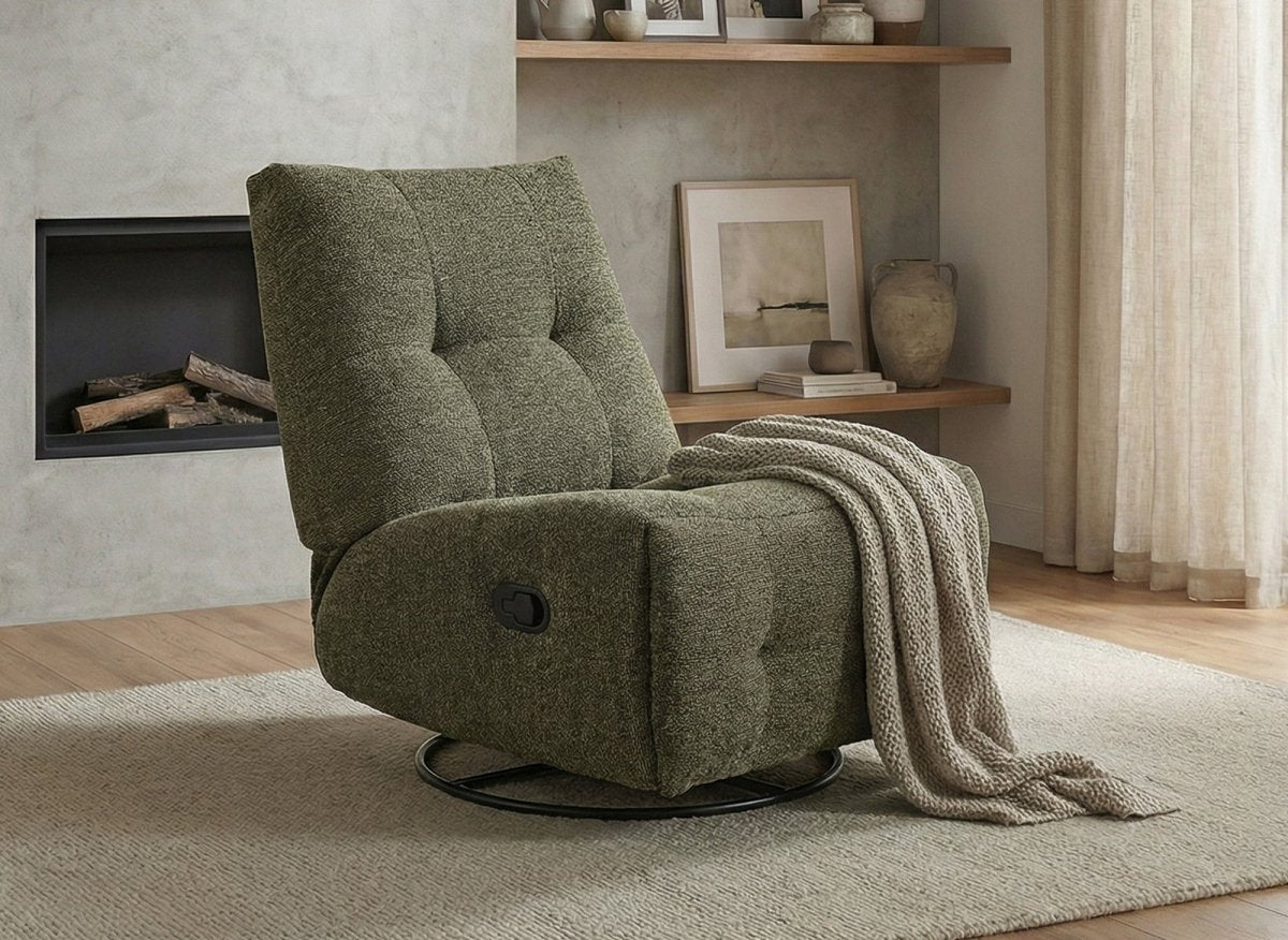 Fauteuil relax pivotant en velours texturé vert kaki LISON - DécoInParis