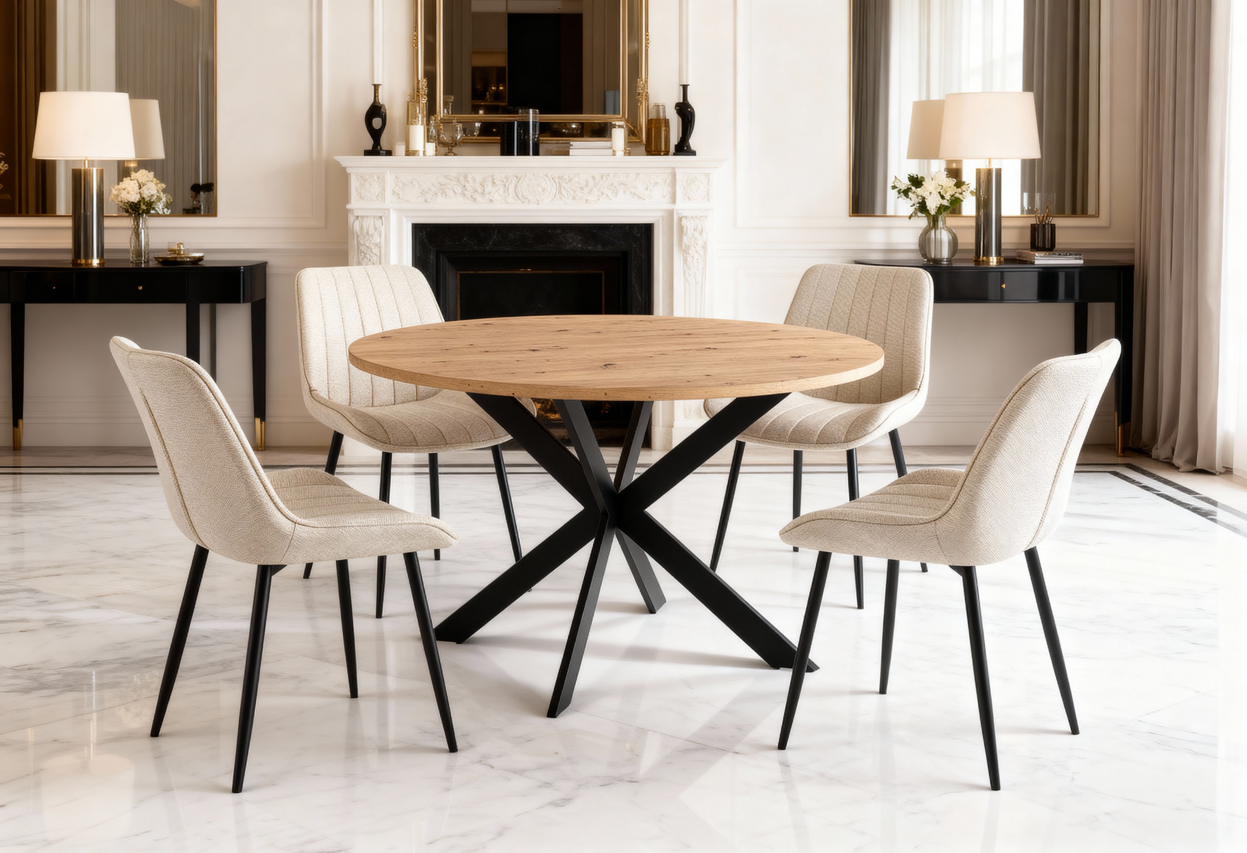 Runder Esstisch SINAYA mit Platte in Holzoptik und schwarzen Metallbeinen