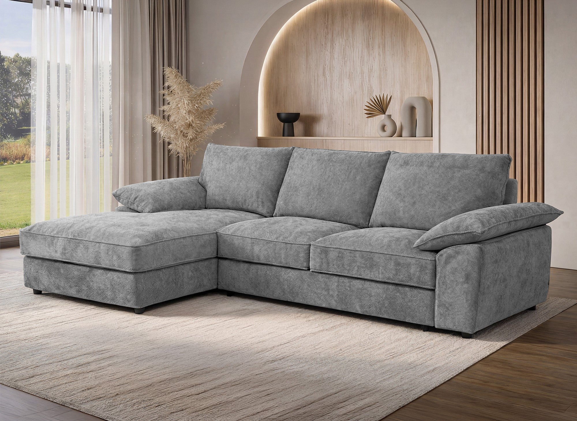 GABIN Ecksofa aus grau meliertem Samt mit Aufbewahrungsbox - Linke Ecke