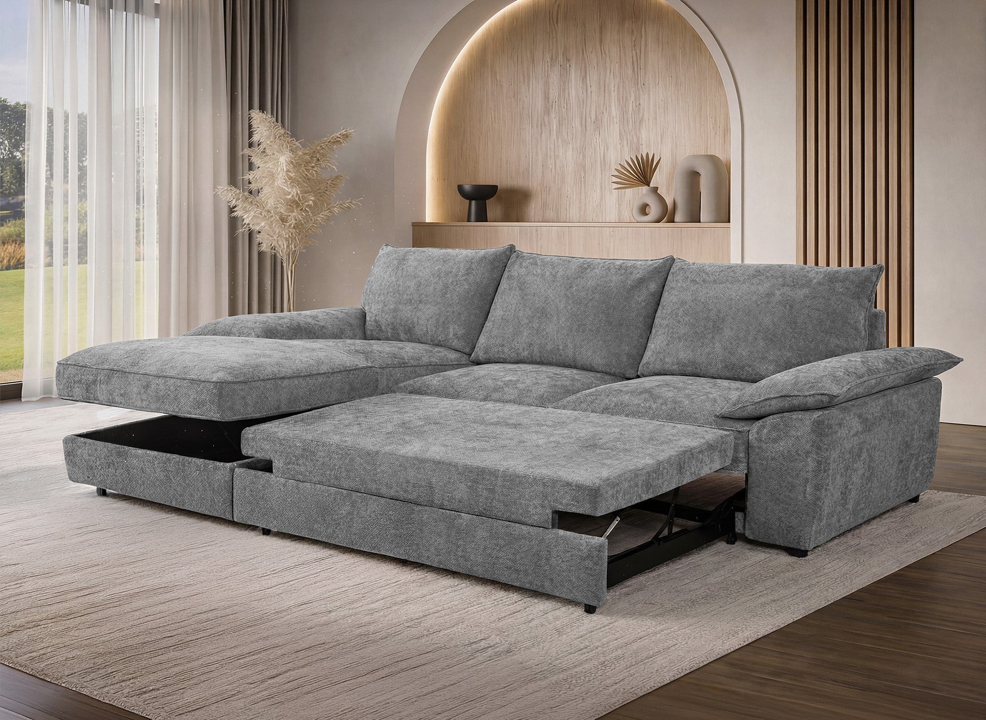 GABIN Ecksofa aus grau meliertem Samt mit Aufbewahrungsbox - Linke Ecke