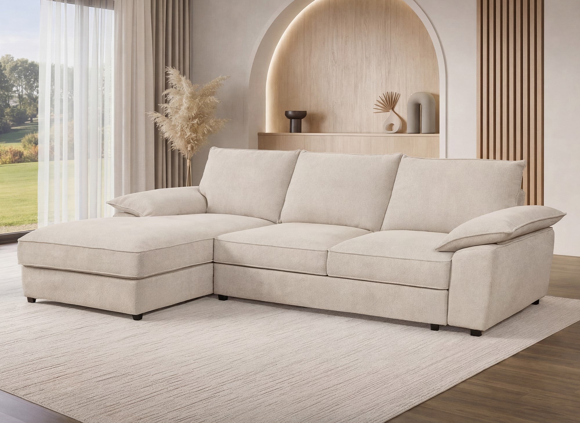 GABIN Ecksofa aus beige meliertem Samt mit Aufbewahrungsbox - Linke Ecke
