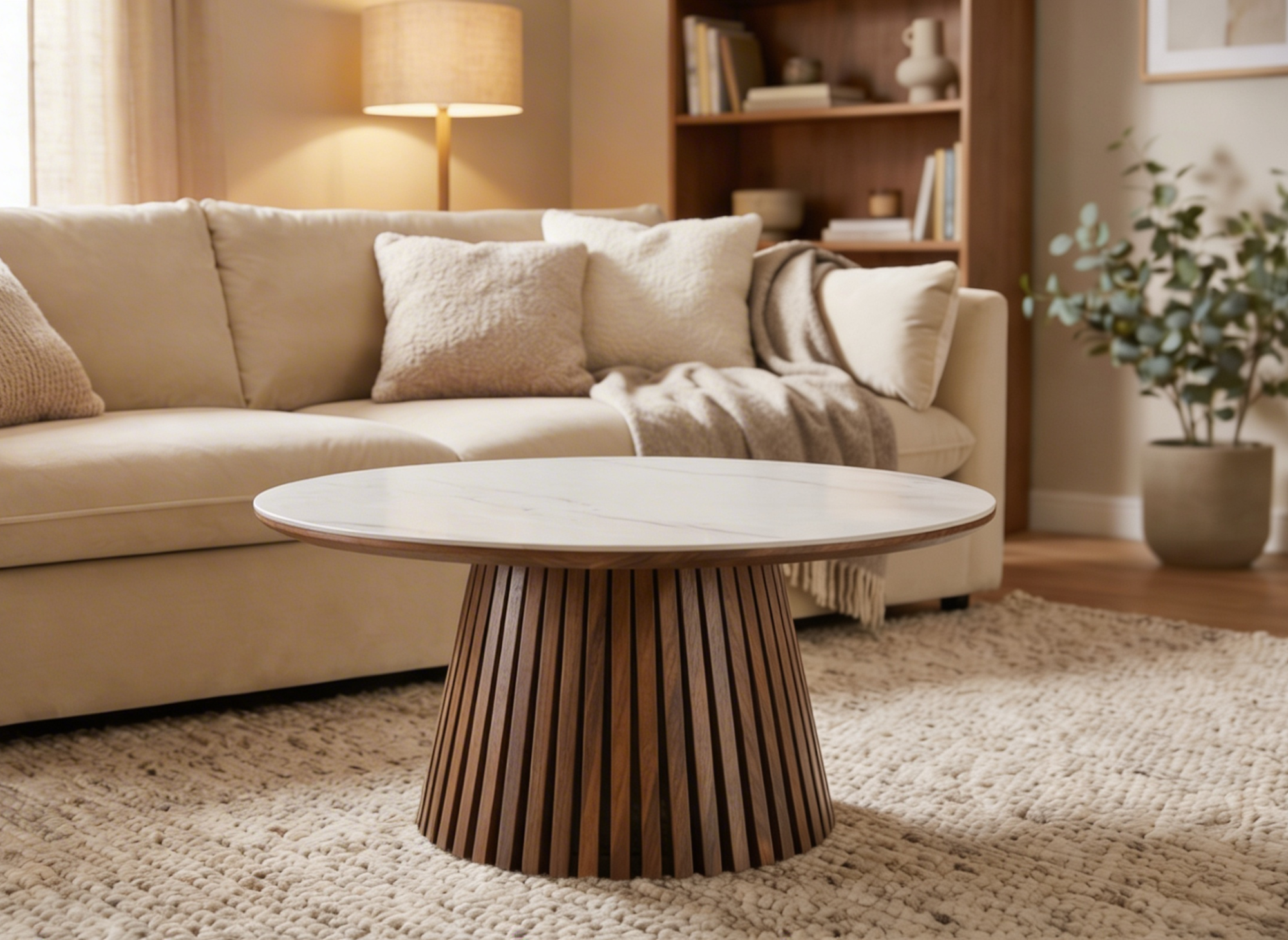 HEKA runder Couchtisch aus dunklem Holz mit weißer Keramikplatte