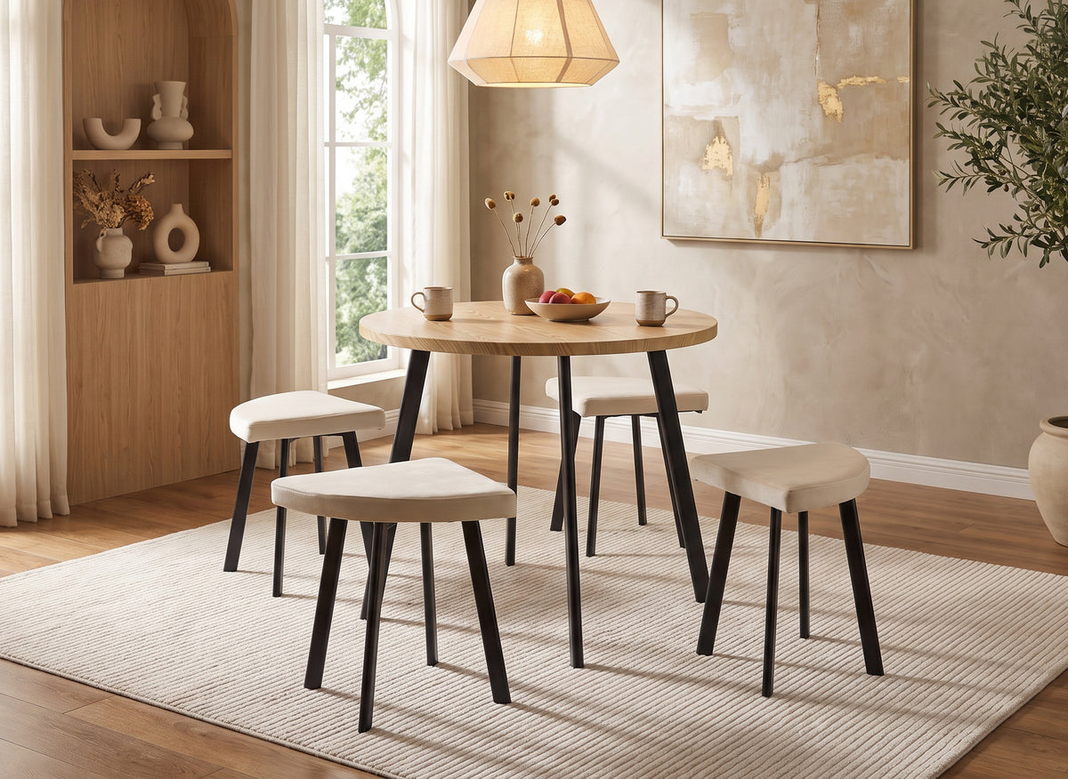 IRINA Esstisch-Set aus Holz mit 4 beigen Hockern
