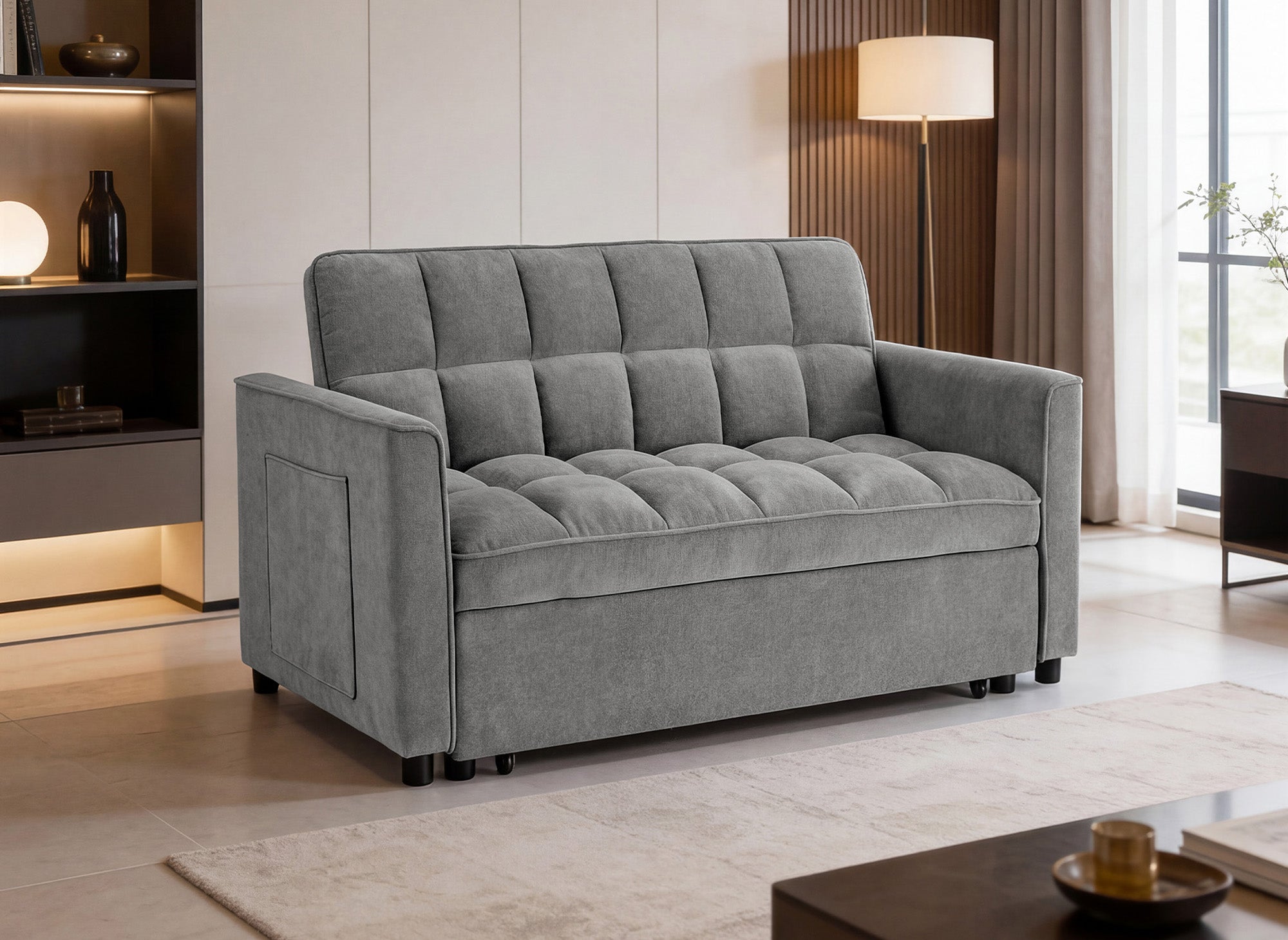 JASPER 2-Sitzer-Schlafsofa aus grauem strukturiertem Samt