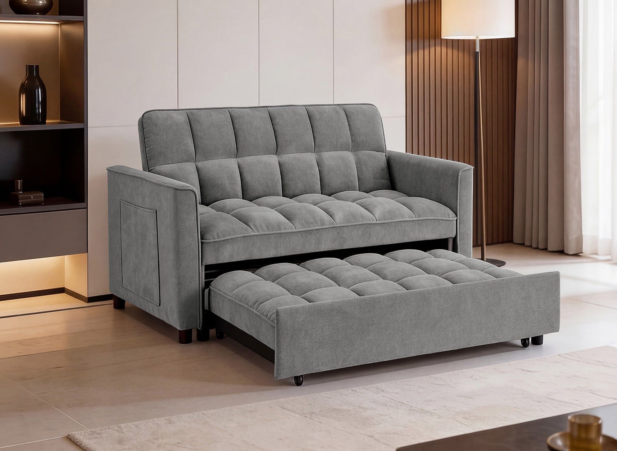 JASPER 2-Sitzer-Schlafsofa aus grauem strukturiertem Samt