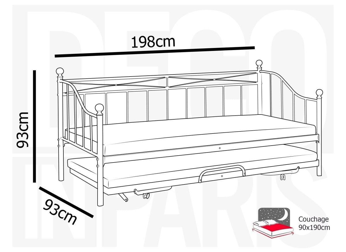 Lit banquette gigogne en métal blanc ALICIA 90 x 190 cm - DécoInParis