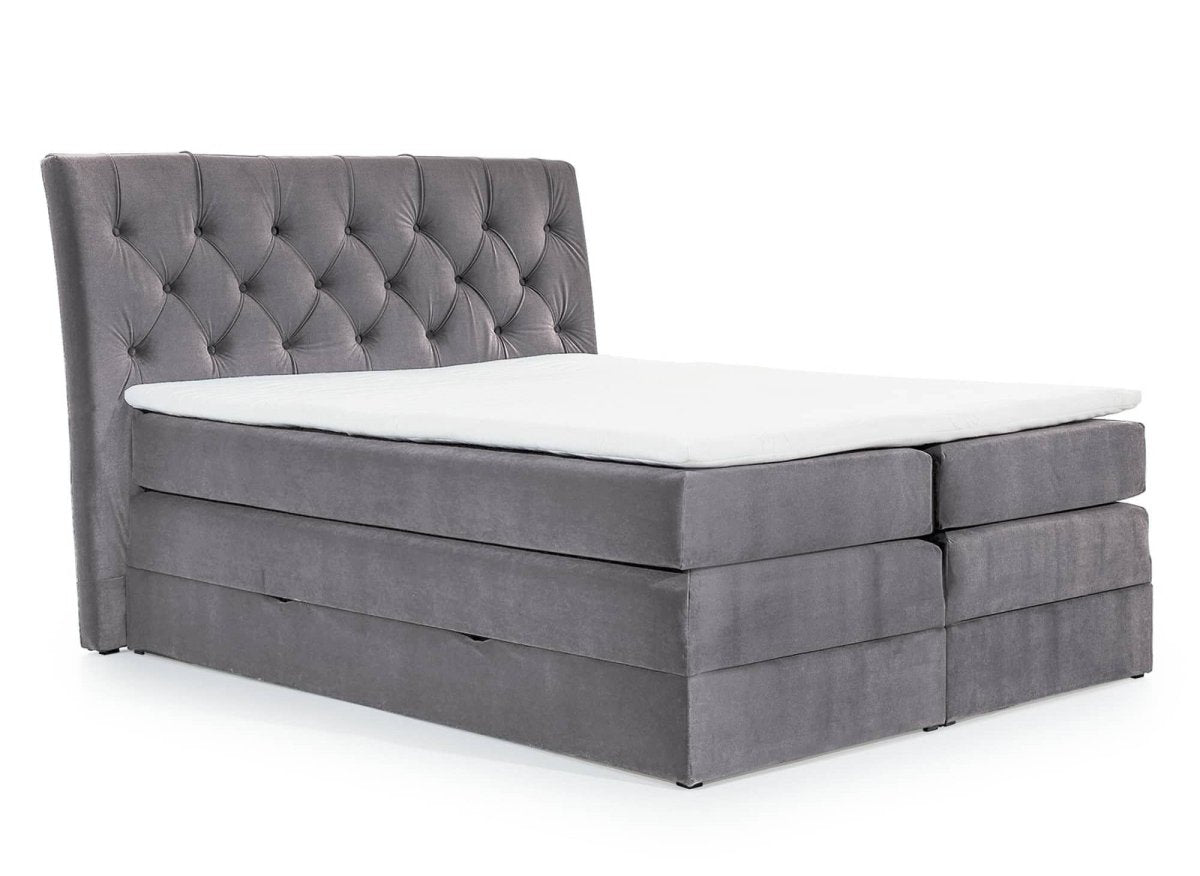 Lit boxspring 140x200 avec coffre de rangement en velours gris MIRANDA - DécoInParis