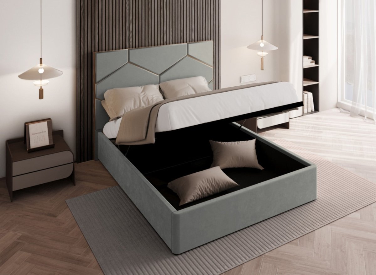 Lit coffre avec tête de lit design en velours gris LARA 180 x 200 cm - DécoInParis