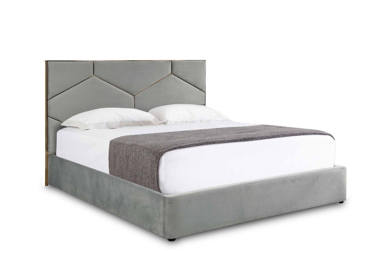 Lit coffre avec tête de lit design en velours gris LARA 180 x 200 cm - DécoInParis