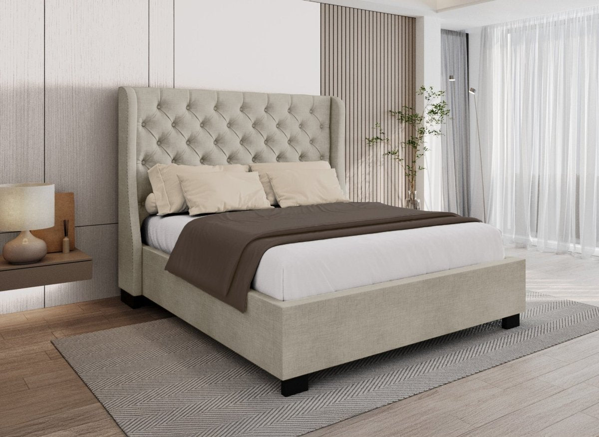 Lit coffre capitonné en tissu lin beige FLORINE 160 x 200 cm - DécoInParis