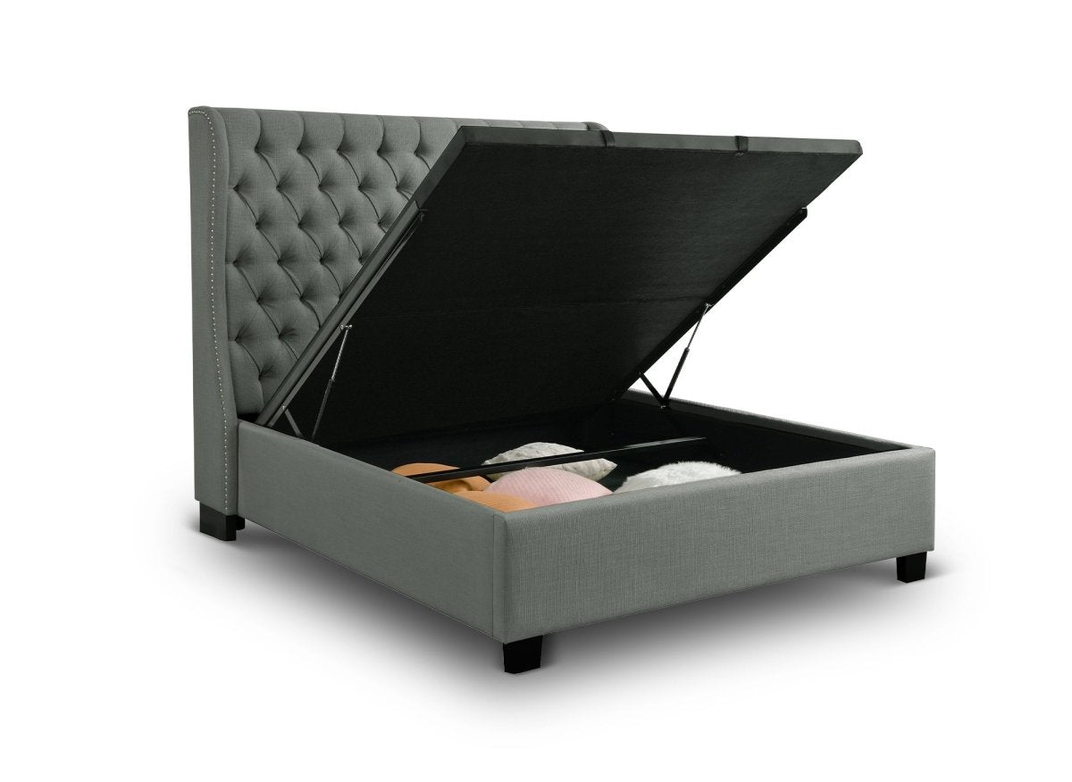 Lit coffre capitonné en tissu lin gris FLORINE 140 x 190 cm - DécoInParis