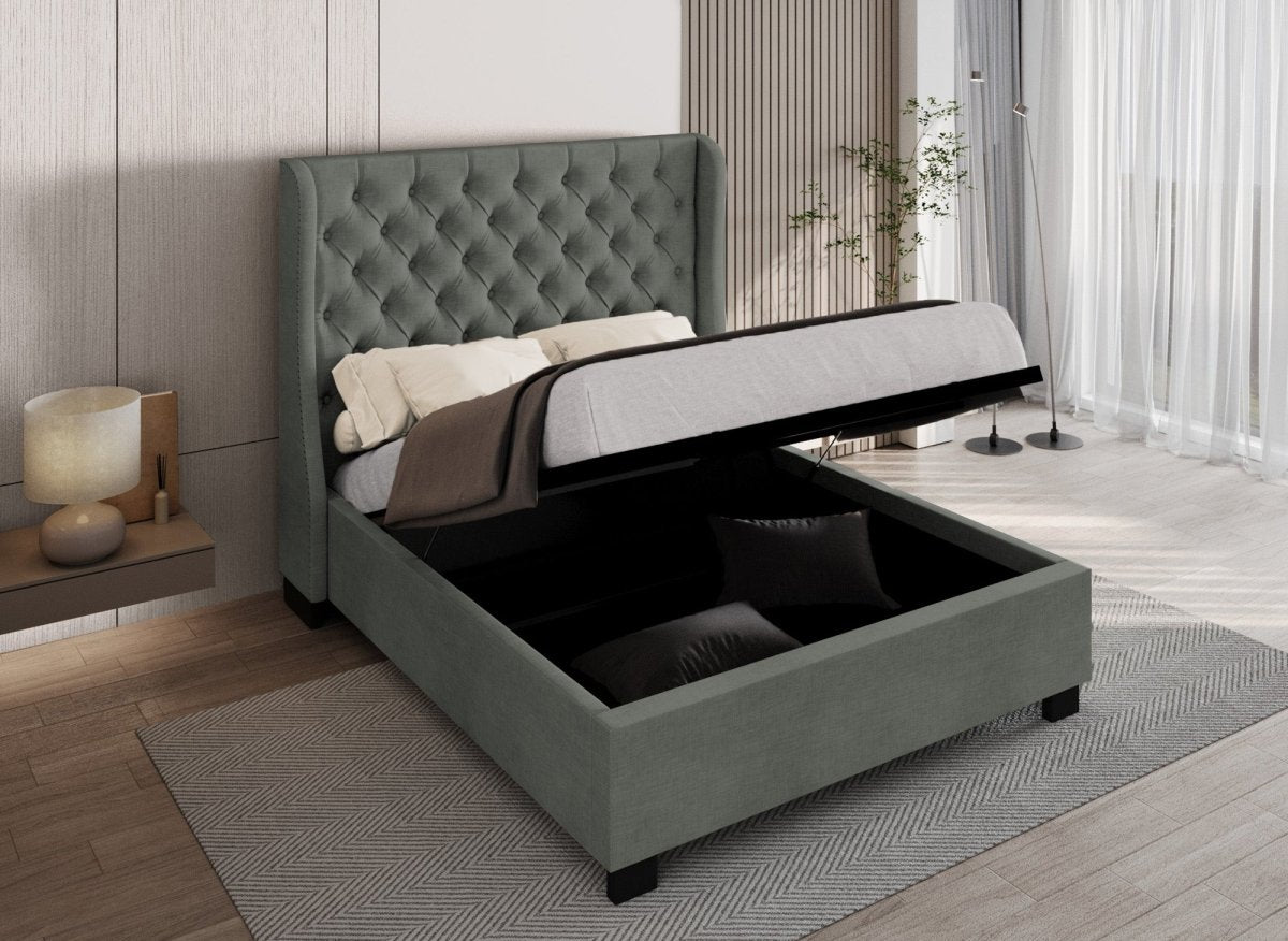 Lit coffre capitonné en tissu lin gris FLORINE 140 x 190 cm - DécoInParis