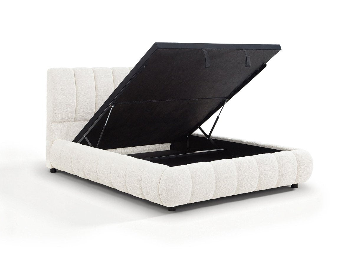 Lit coffre en tissu bouclette beige 140x190 cm RILEY - DécoInParis
