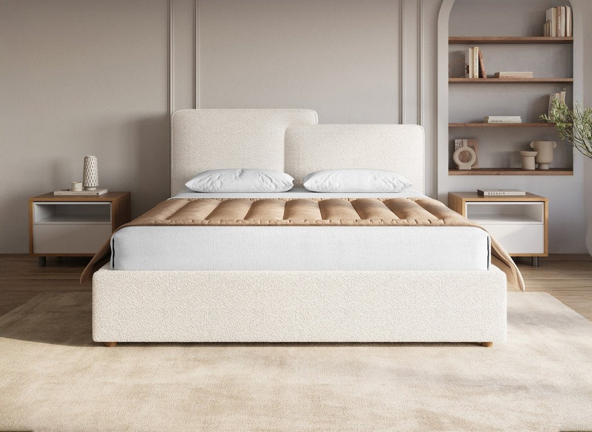 Lit coffre en tissu bouclette beige 140x190 cm ZELIA - DécoInParis