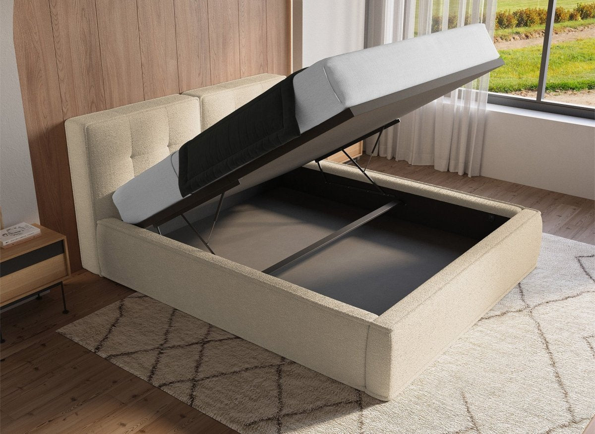 Lit coffre en tissu bouclette beige 160x200cm YUNA - DécoInParis