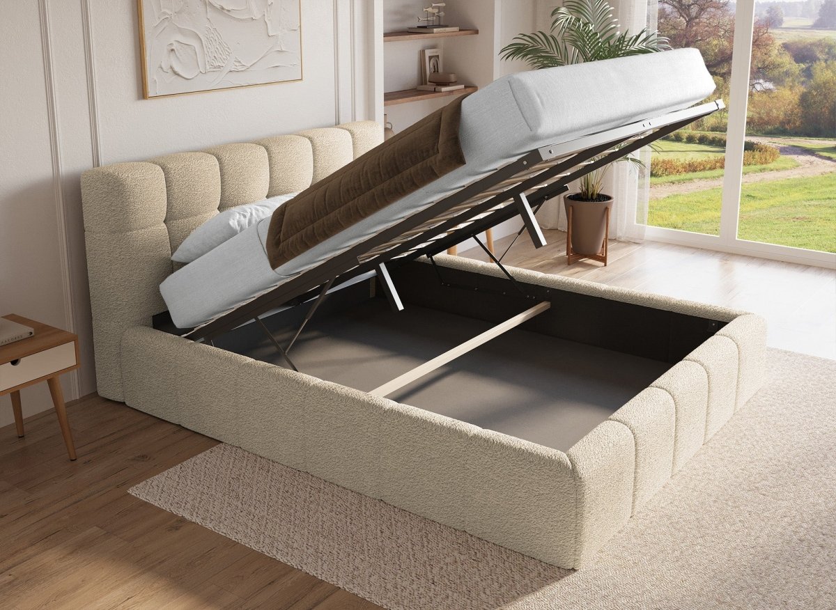 Lit coffre en tissu bouclette beige 180x200 cm MILIE - DécoInParis