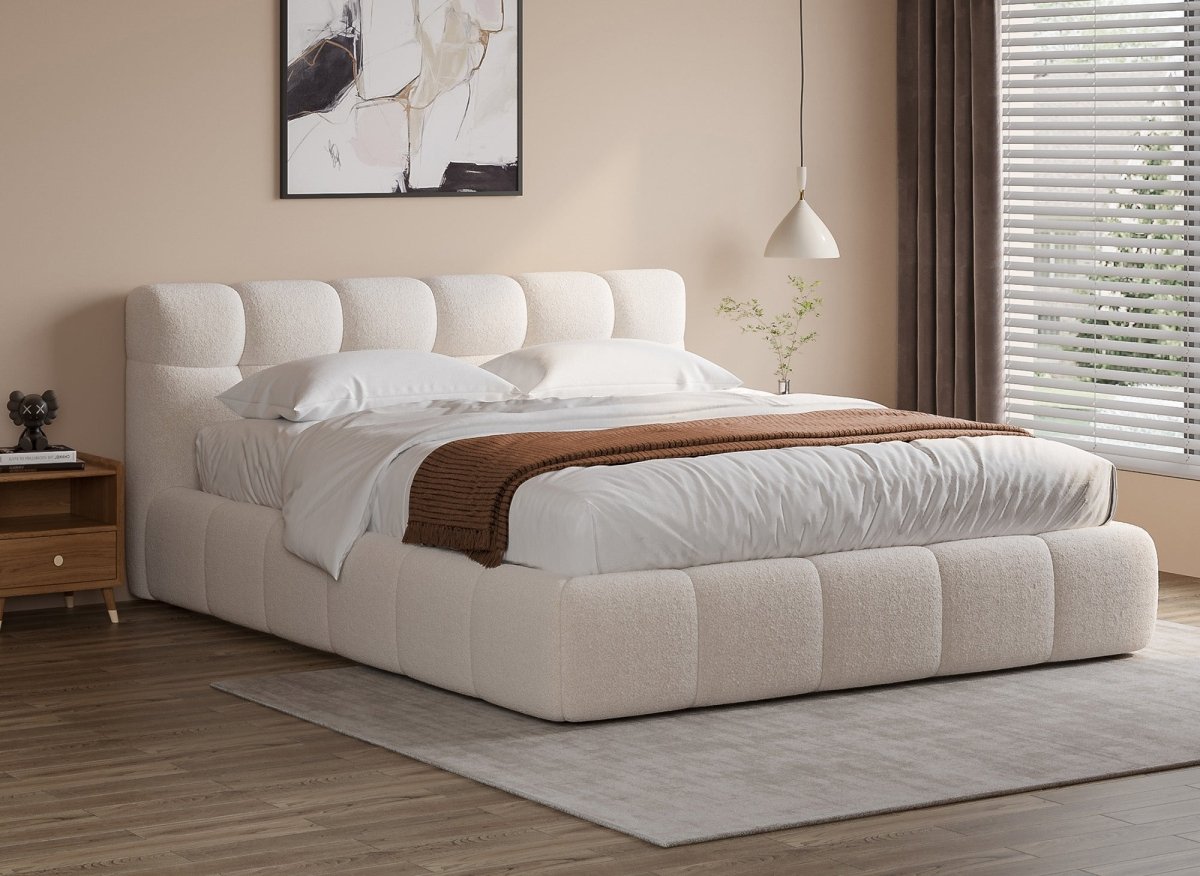 Lit coffre en tissu bouclette écru 160x200 cm GEORGINA - DécoInParis