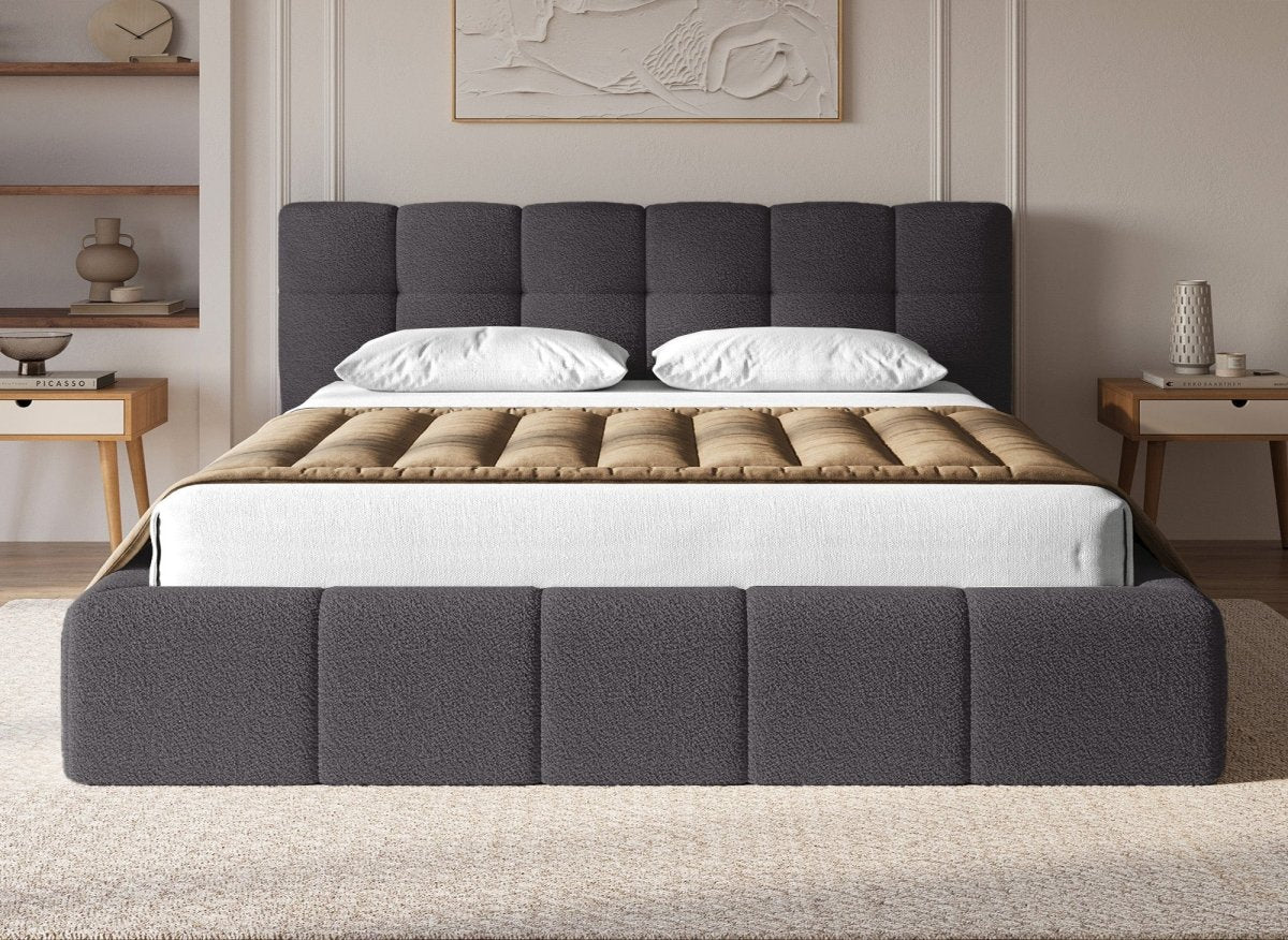 Lit coffre en tissu bouclette gris 180x200 cm MILIE - DécoInParis