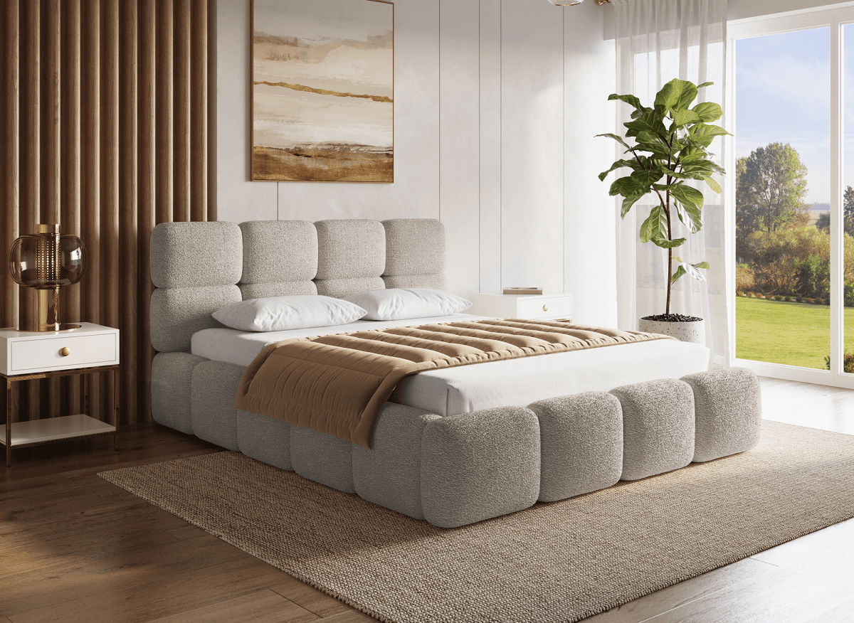 Lit coffre en tissu bouclette taupe 160x200 cm BUBBLE - DécoInParis