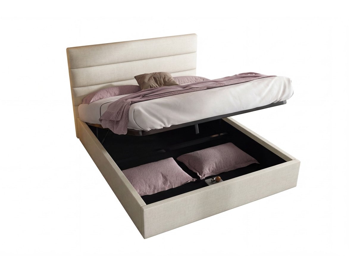 Lit coffre en tissu lin beige 180 x 200 cm SHANNA - DécoInParis