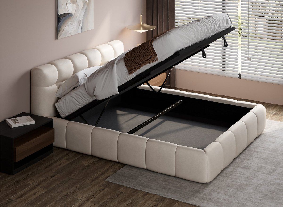 Lit coffre en velours beige 180x200 cm GEORGINA - DécoInParis