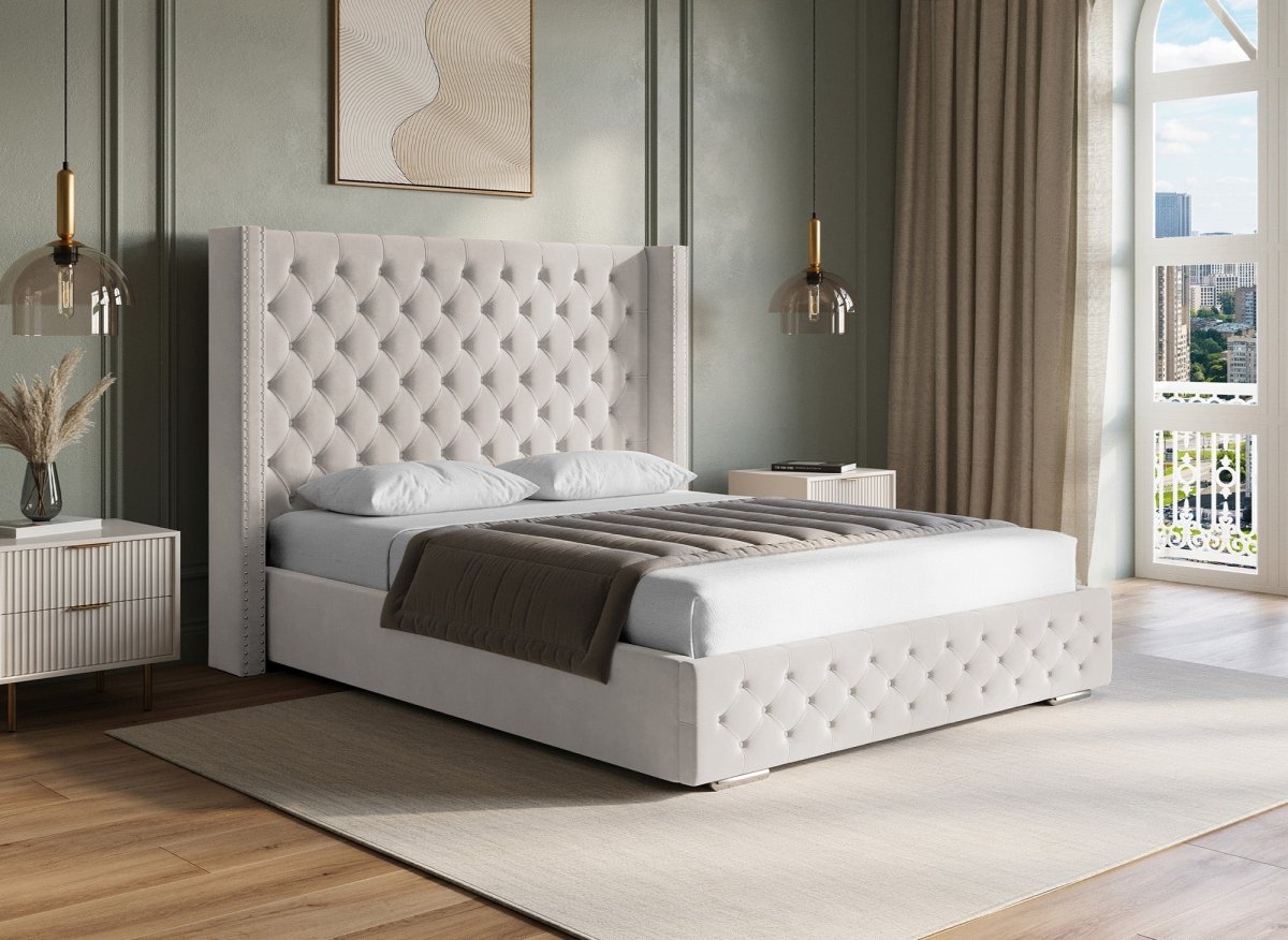 Lit coffre en velours beige 180x200 cm MAXI - DécoInParis