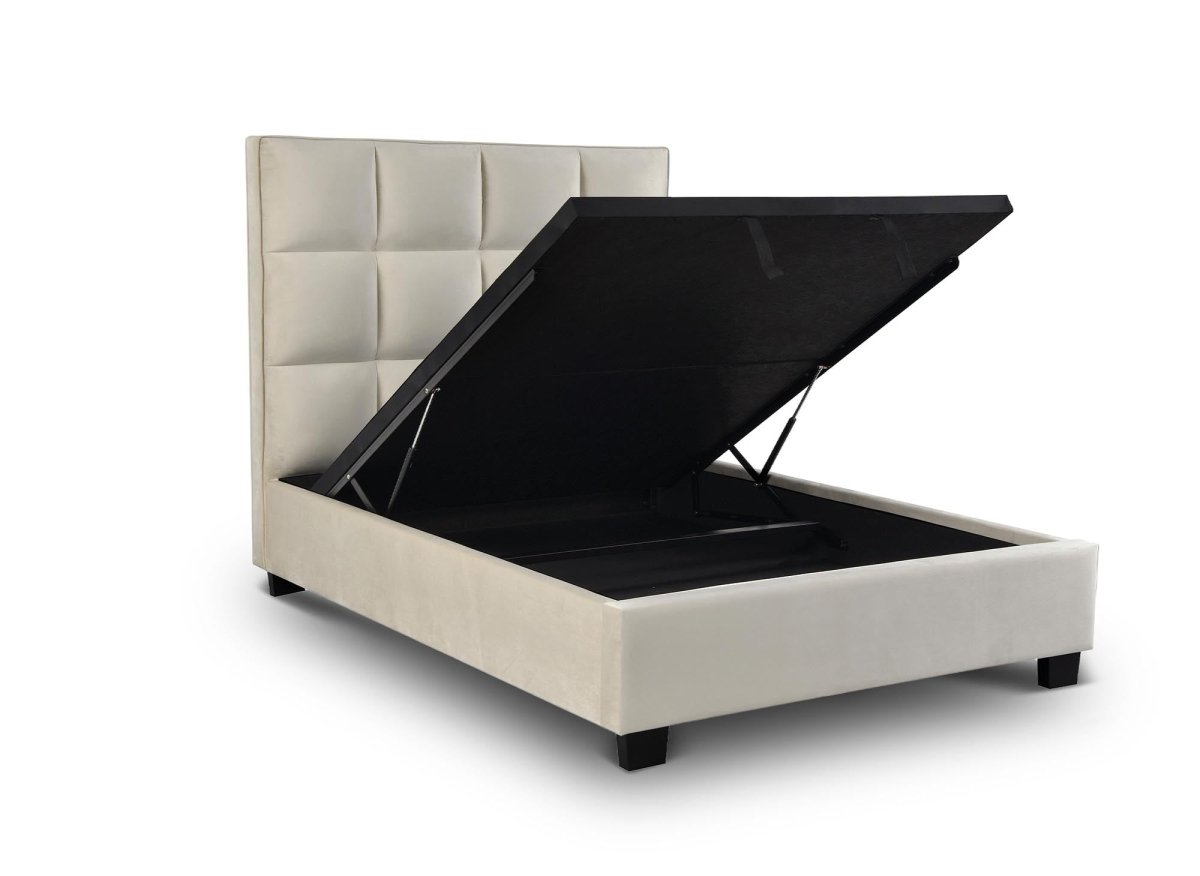 Lit coffre en velours beige design CAROLINE 140 x 190 cm - DécoInParis