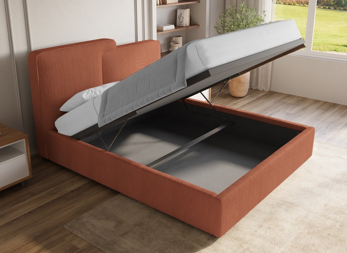 Lit coffre en velours côtelé terracotta 160x200 cm ZELIA - DécoInParis