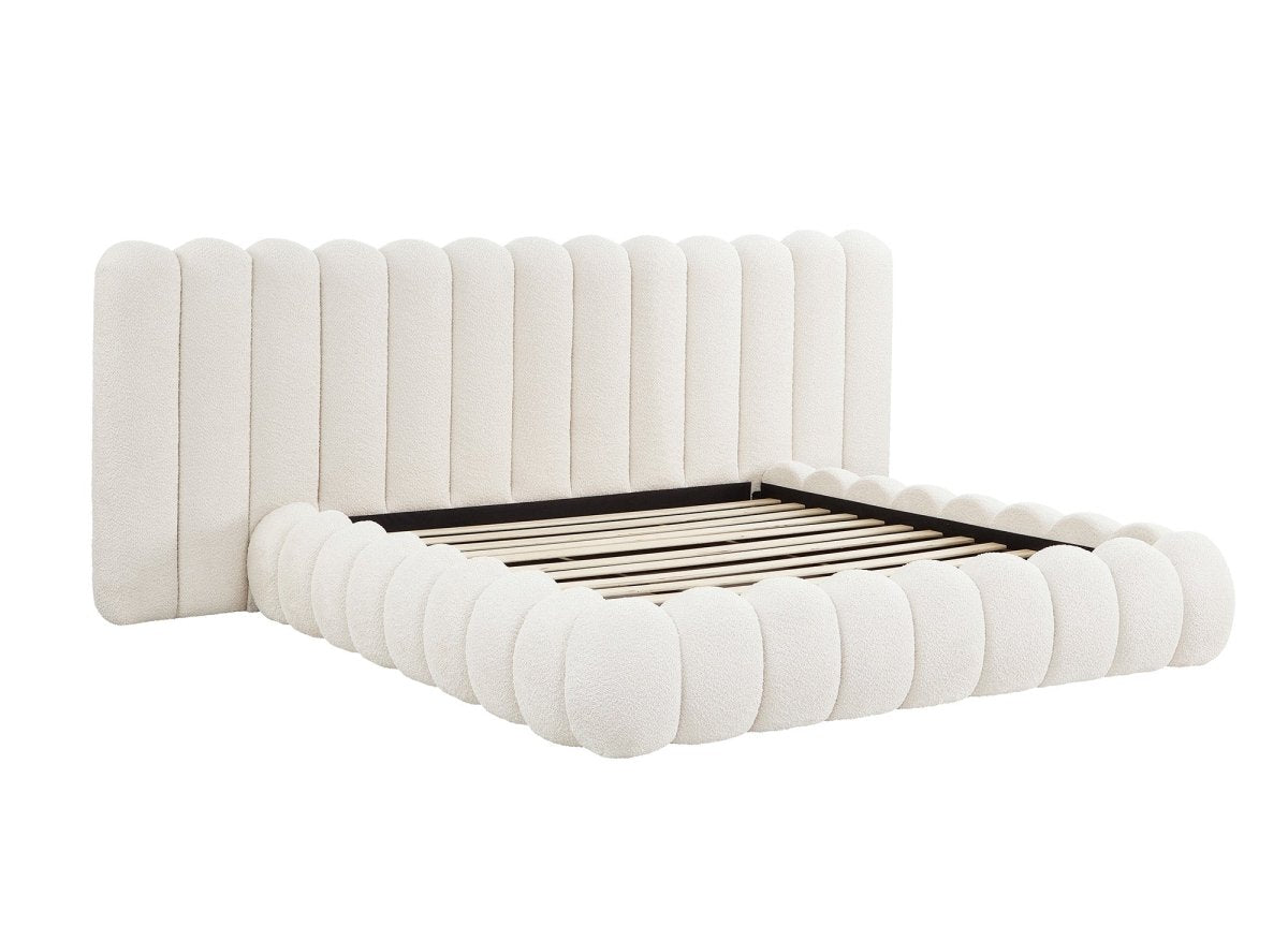 Lit double en tissu bouclette beige 180x200 cm GRETA - DécoInParis