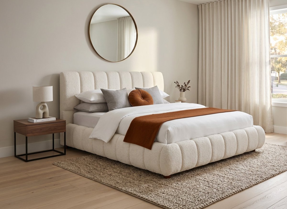 Lit double en tissu bouclette beige 180x200 cm RILEY - DécoInParis