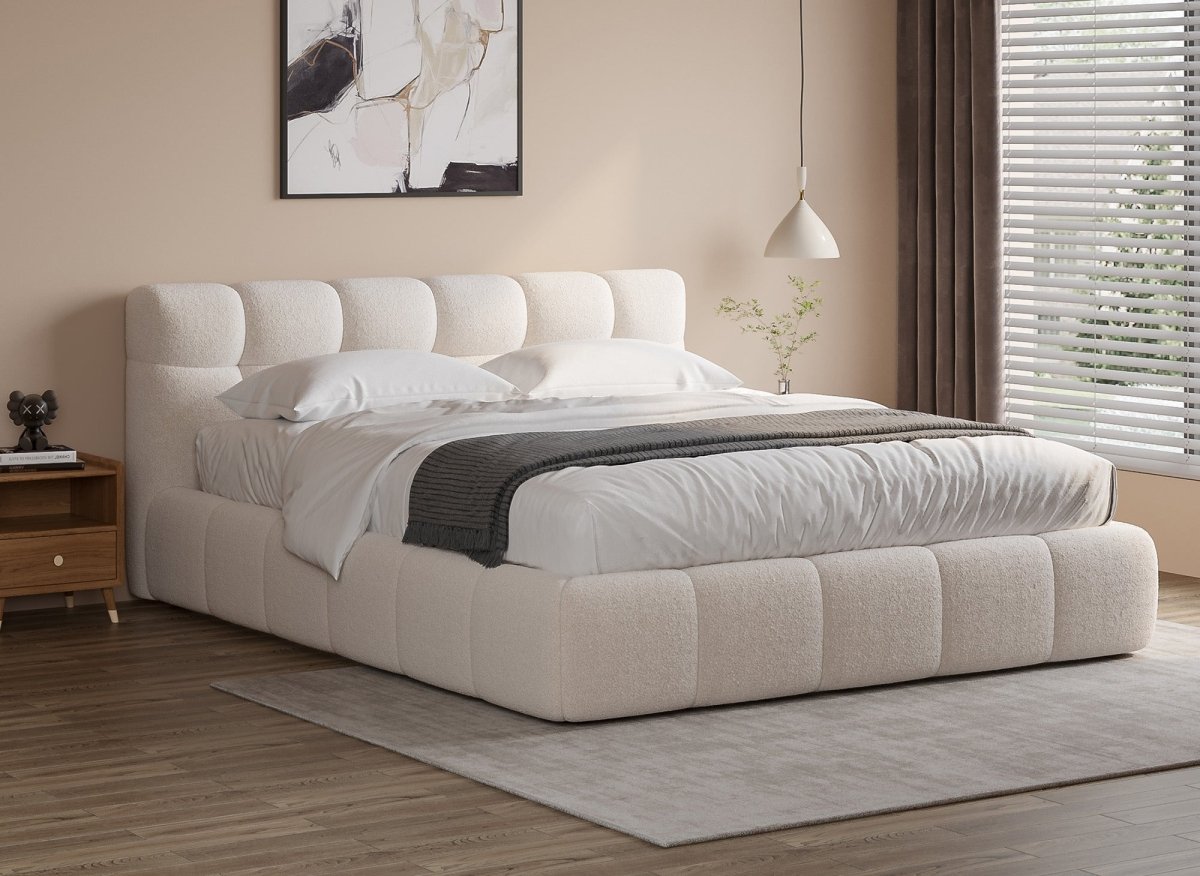 Lit double en tissu bouclette écru 160x200 cm GEORGINA - DécoInParis