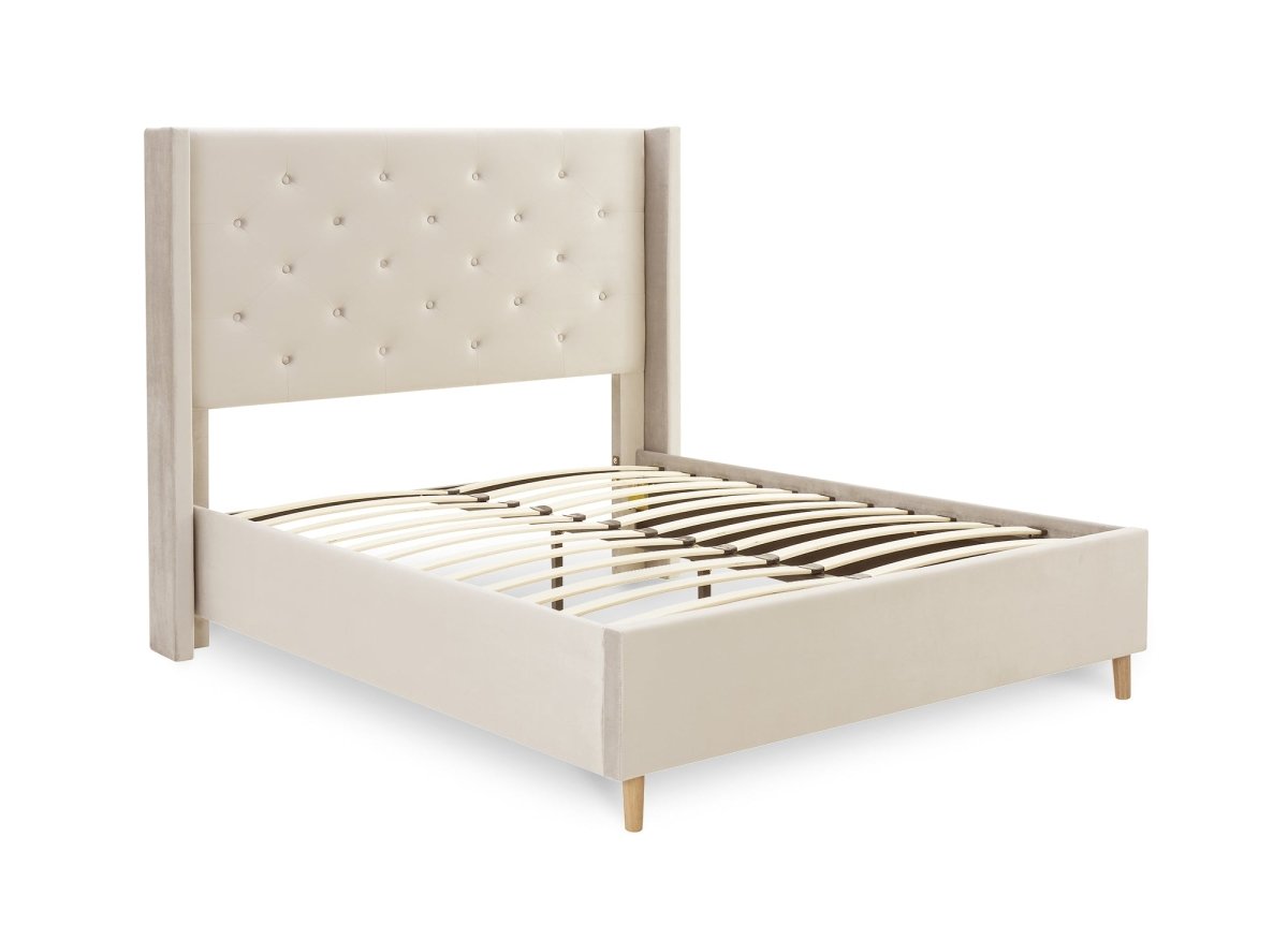 Lit double en velours capitonné beige MAREVA 160x200 cm - DécoInParis