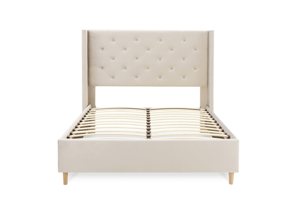 Lit double en velours capitonné beige MAREVA 160x200 cm - DécoInParis
