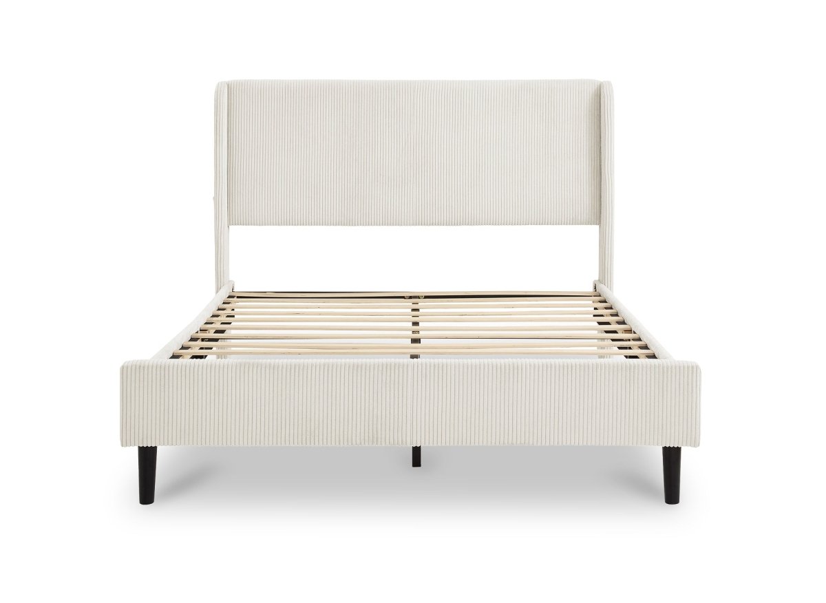 Lit double en velours côtelé épais beige 140x190cm LEVY - DécoInParis