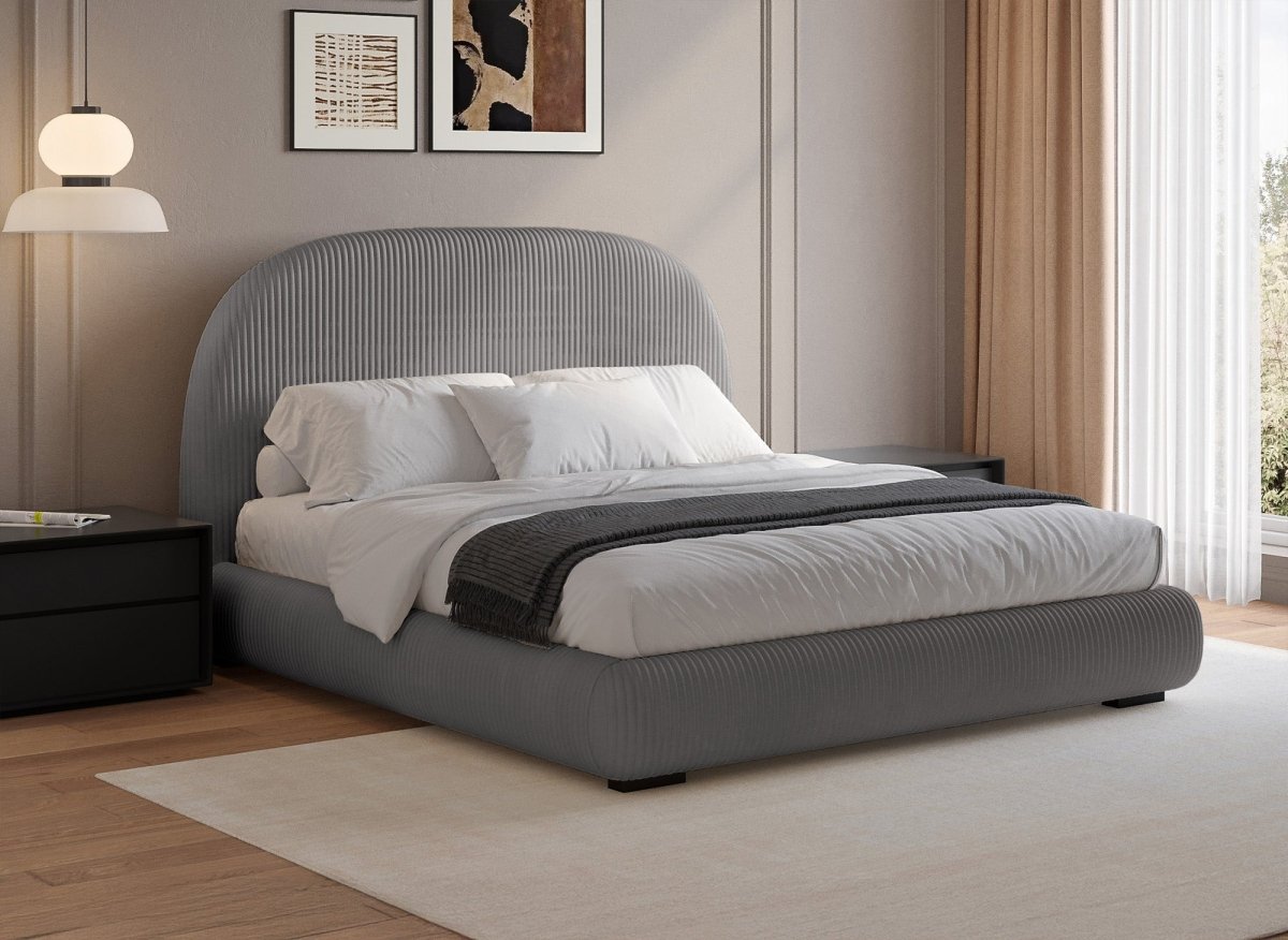 Lit double en velours côtelé épais gris 180x200cm COSY - DécoInParis