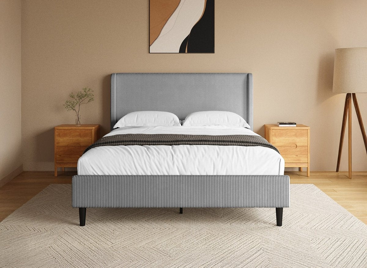 Lit double en velours côtelé épais gris clair 140x190cm LEVY - DécoInParis