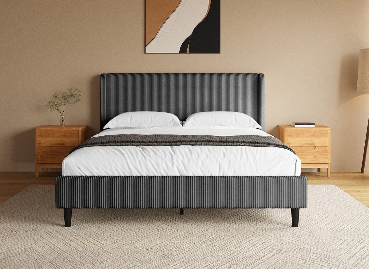 Lit double en velours côtelé épais gris foncé 160x200cm LEVY - DécoInParis