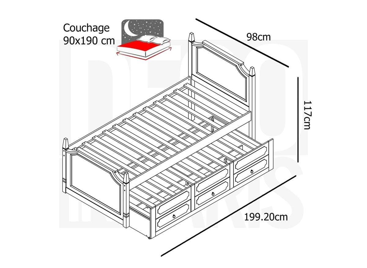 Lit gigogne avec tiroirs en bois blanc PAULINE 90 x 190 cm - DécoInParis