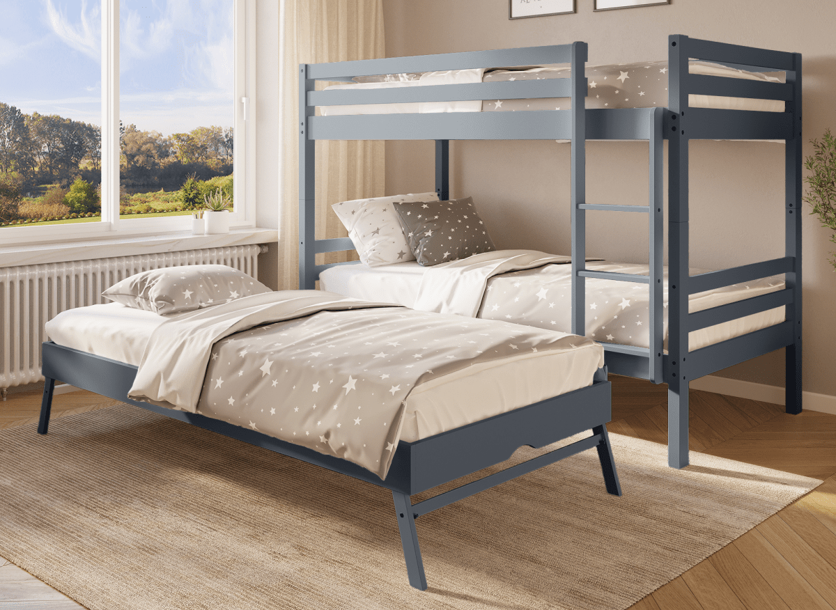 Lit superposé gigogne 3 couchages en bois gris LEOPAUL 90 x 190 cm - DécoInParis
