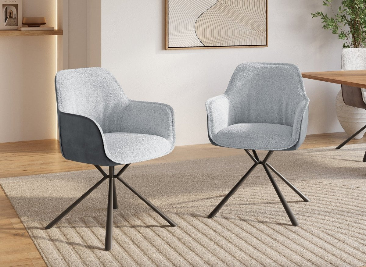 Lot de 2 chaises avec accoudoir tissu bouclette et simili cuir gris PIRO - DécoInParis